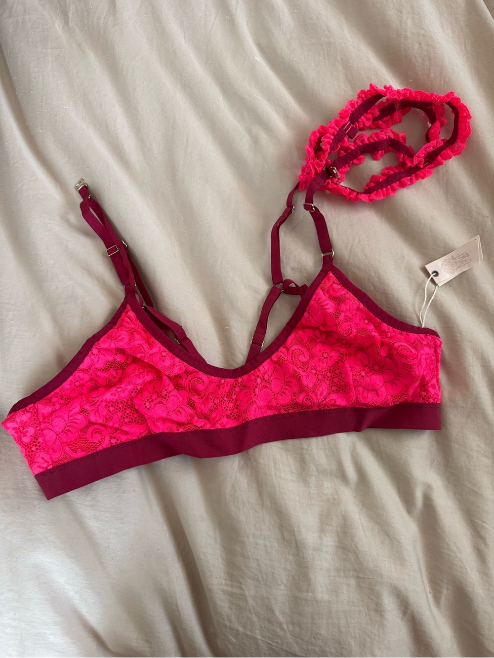 We Are HAH Bright Pink Lace Bralette with Deep Magenta Band NWT